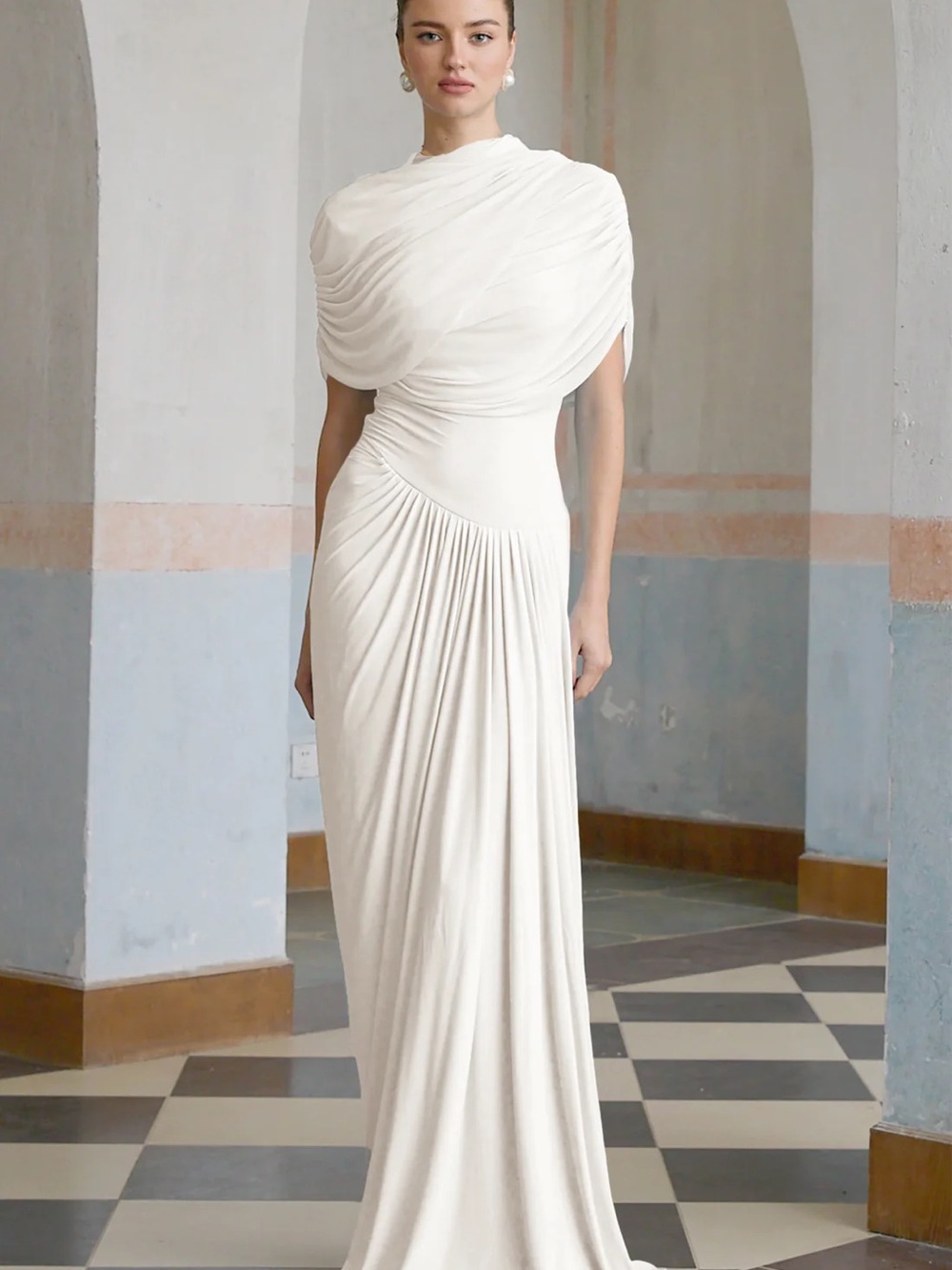 Elegant White Draped Maxi Dress - Picture 2 of 7